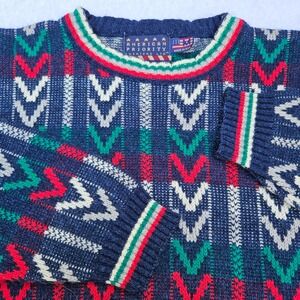 Vintage 90s Y2K knit Sweater‎ Made in USA Crew Neck chevron Preppy Academia